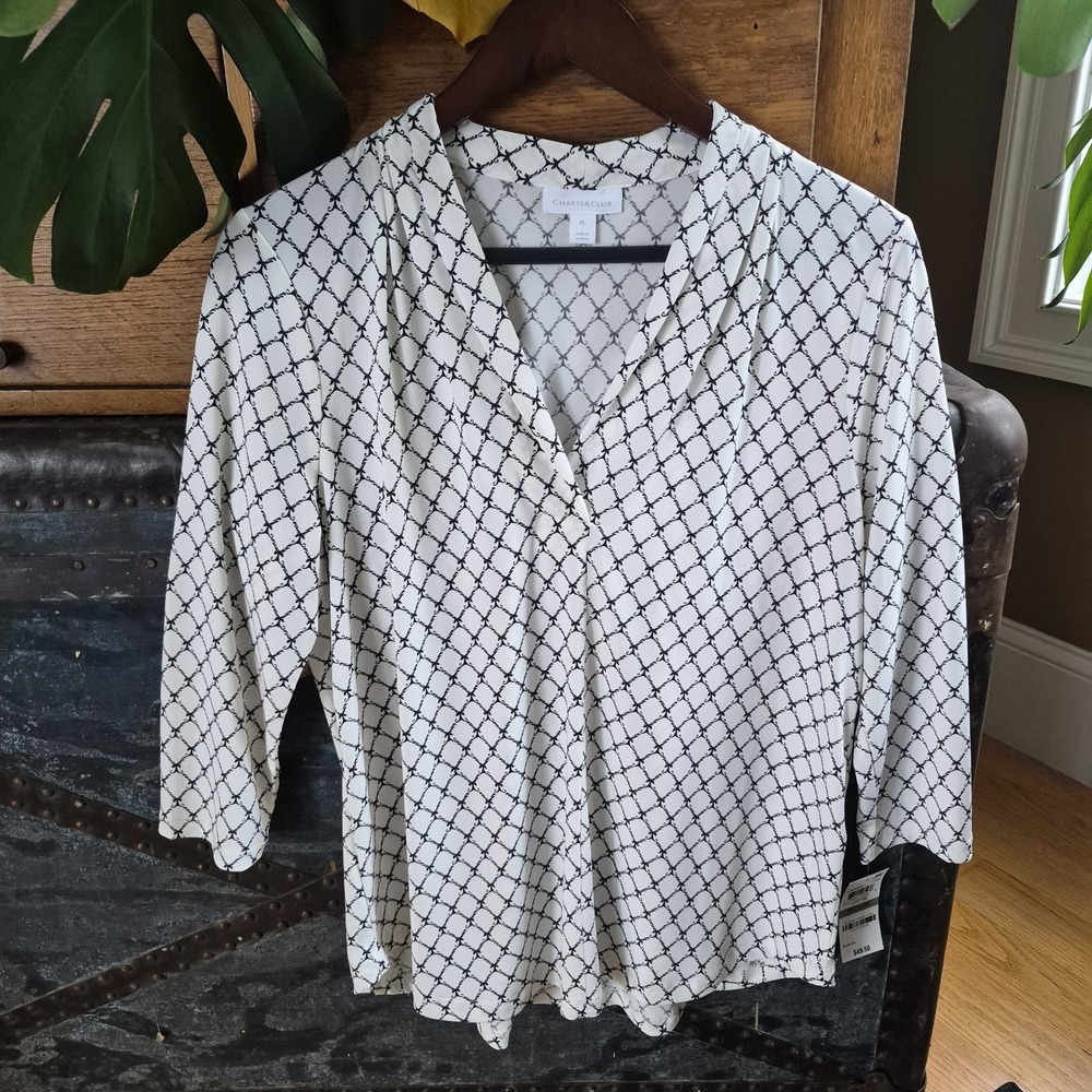 Charter Club Petite V-Neck Blouse Black White Trellis Top PL 100040193PT